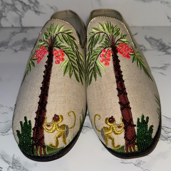 Avon Shoes - Vintage Avon Embroidered & Beaded Tropical Palm Tree and Monkey Mules/Slides